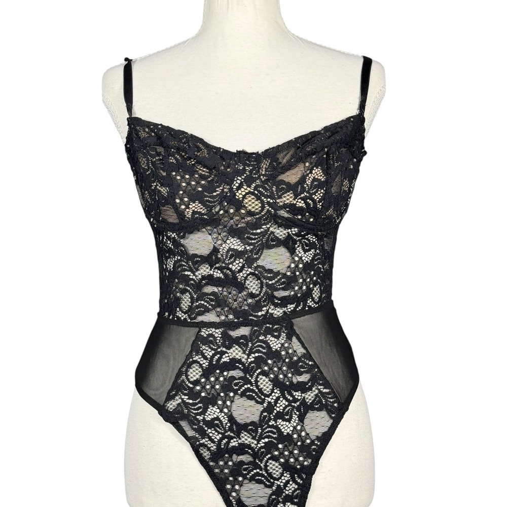 ASOS Bodysuit Womens 36C Black Lace Underwire Sheer Mesh Thong Teddy